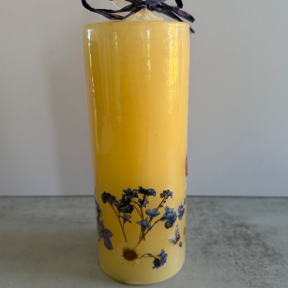 Prairie Renaissance Candle Co Pressed Flower Pillar Candle Yellow Botanical 6.5"